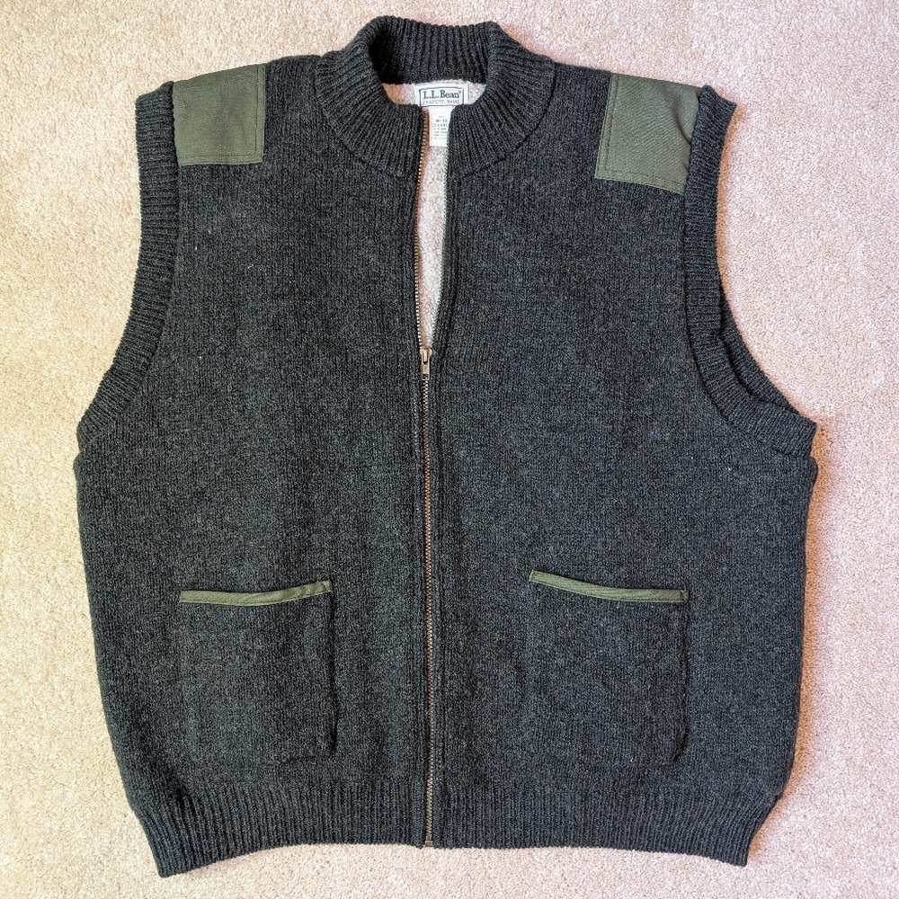Vintage LL Bean Green Wool Sweater Knit Fleece Lined Sportsman's Vest